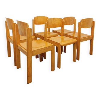 Set of 6 vintage minimalist beech wood chairs from the 70s and 80s.