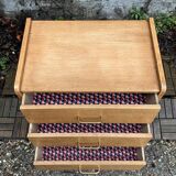 Vintage chest of drawers with compass feet, raw oak, 1960