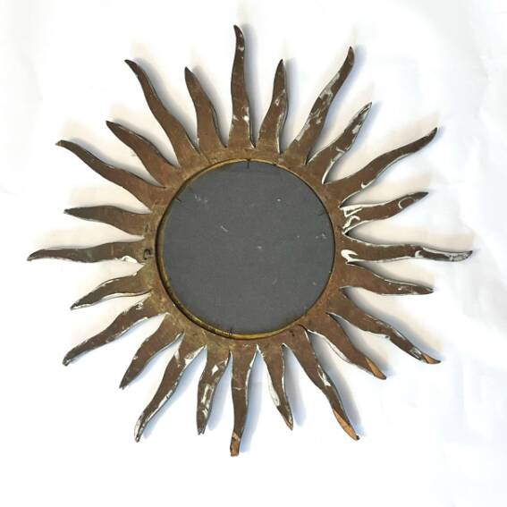 Sun-shaped mirror, wooden frame, circa 1980.