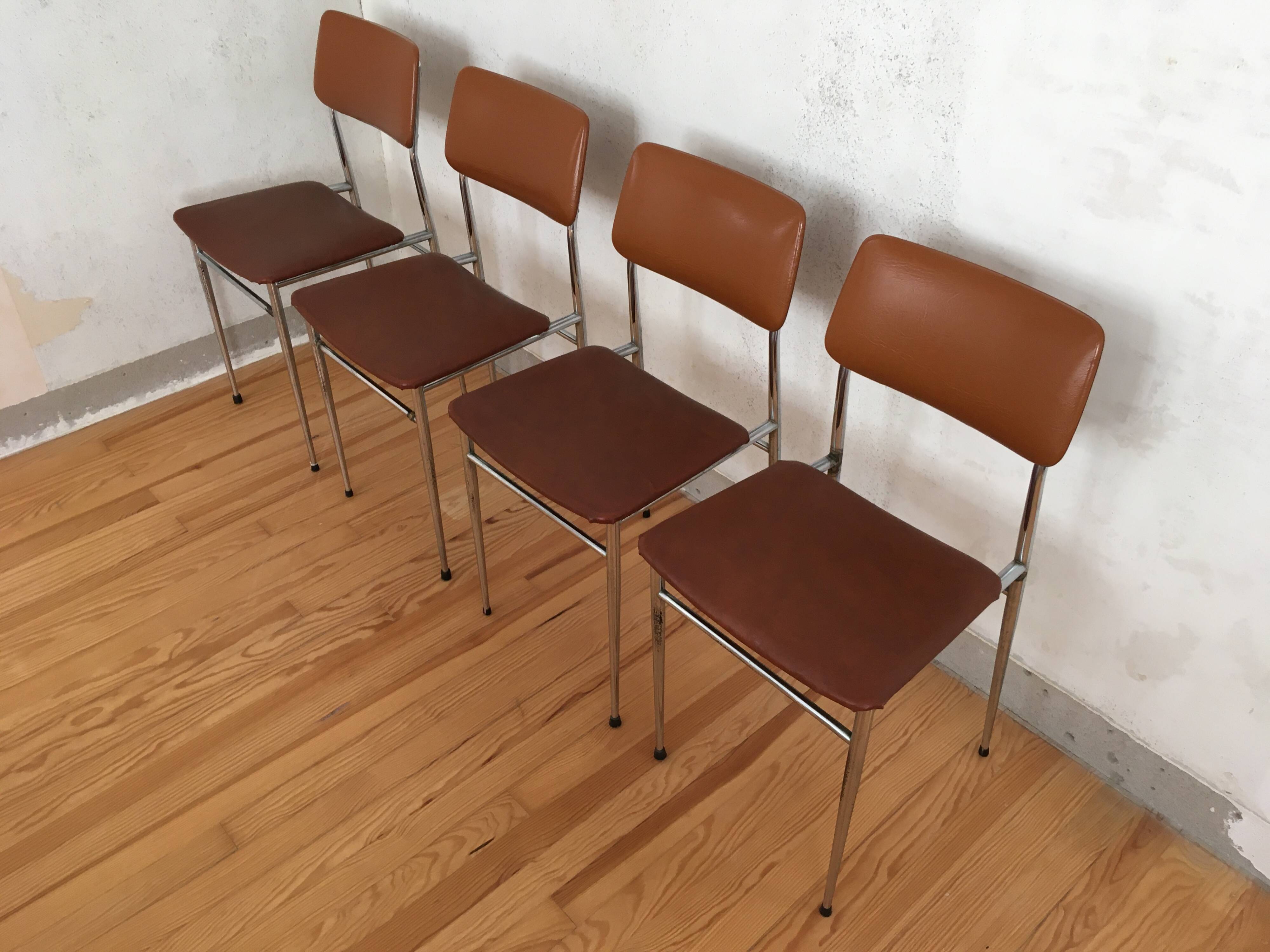4 chaises skaï camel métal chromé années 70