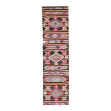 Vintage Turkish Oushak Handmade Wool Cotton Pink Kilim Runner  81x327
