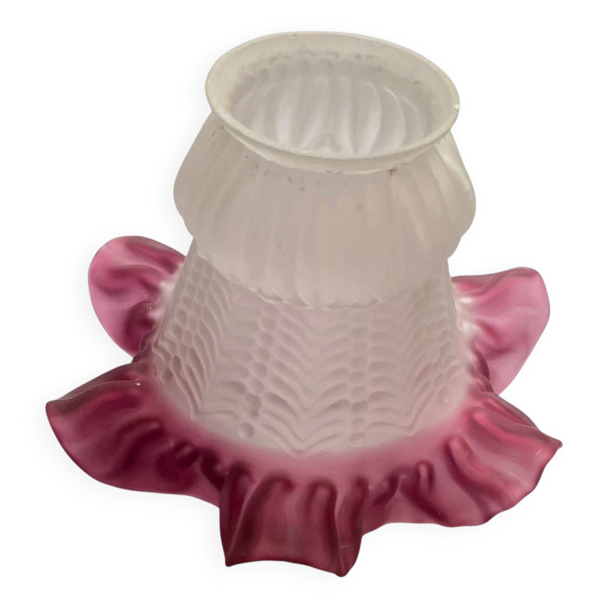 Antique tulip lampshade in transparent glass with a red rim.
