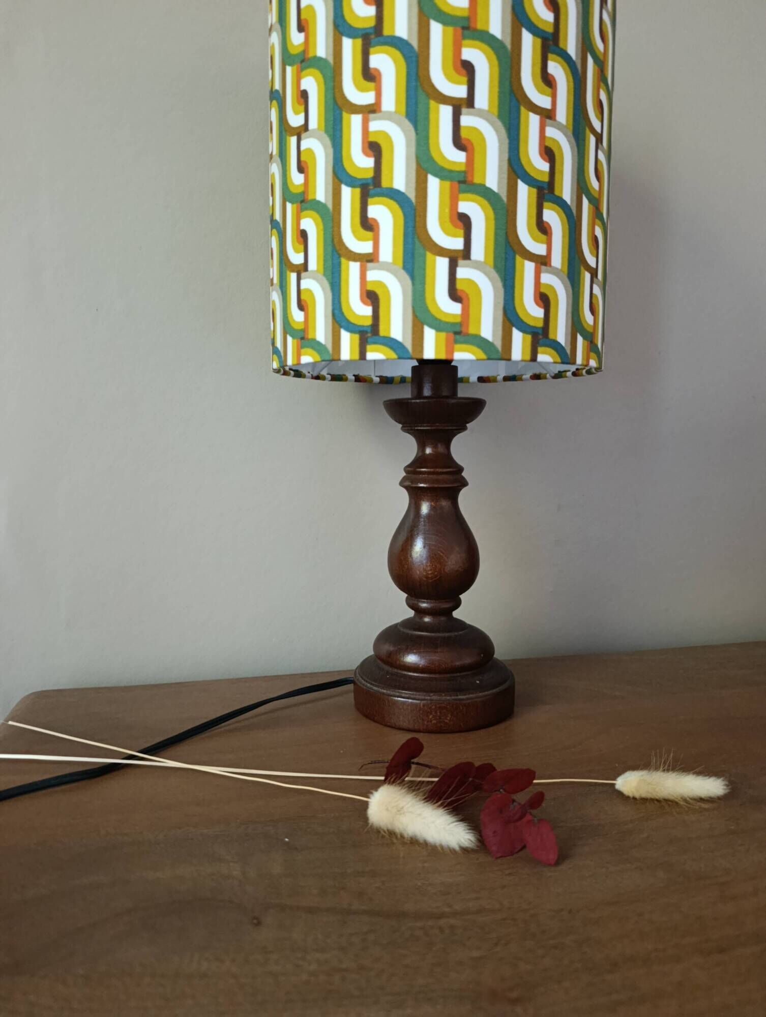 Vintage turned wood lamp, seventies graphic lampshade.