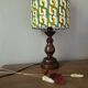 Vintage turned wood lamp, seventies graphic lampshade.