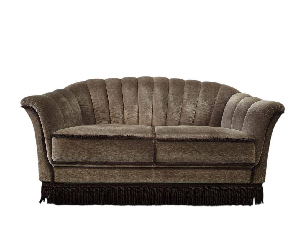 Vintage taupe two-seater canapé with fringes.