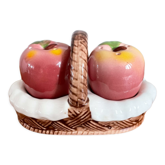 Majolica salt and pepper shakers in the shape of plums or apples with basket holder