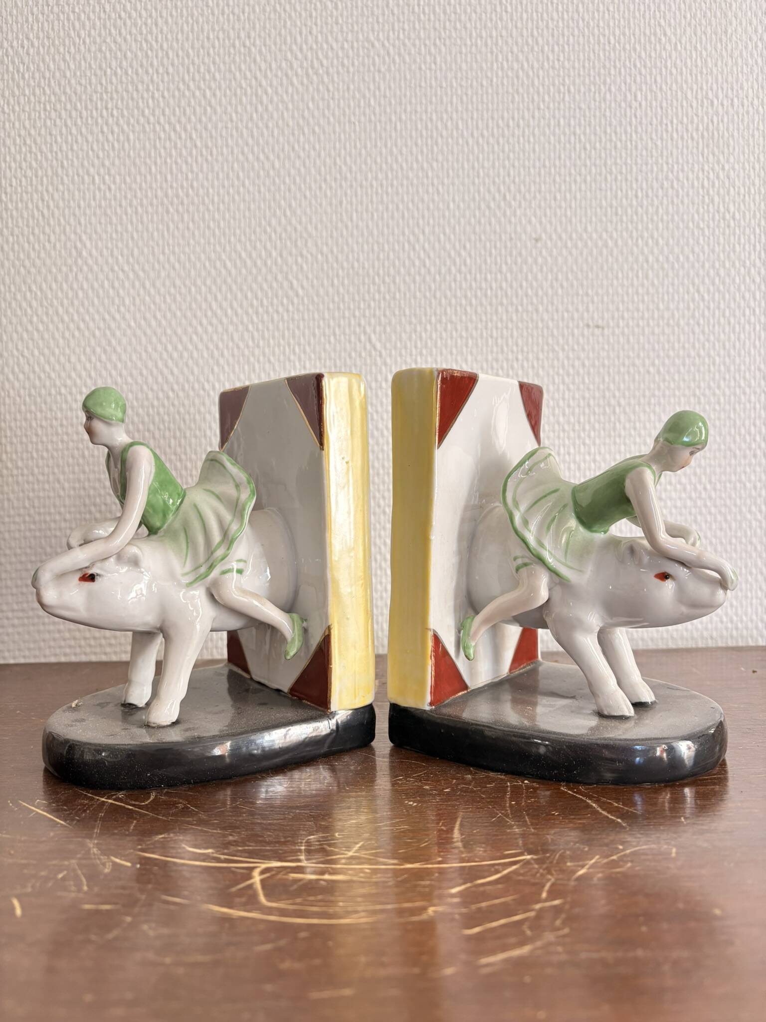 Old Pair of Bookends Porcelain White Girl Woman Equestrian Pig Art