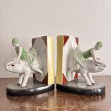 Old Pair of Bookends Porcelain White Girl Woman Equestrian Pig Art