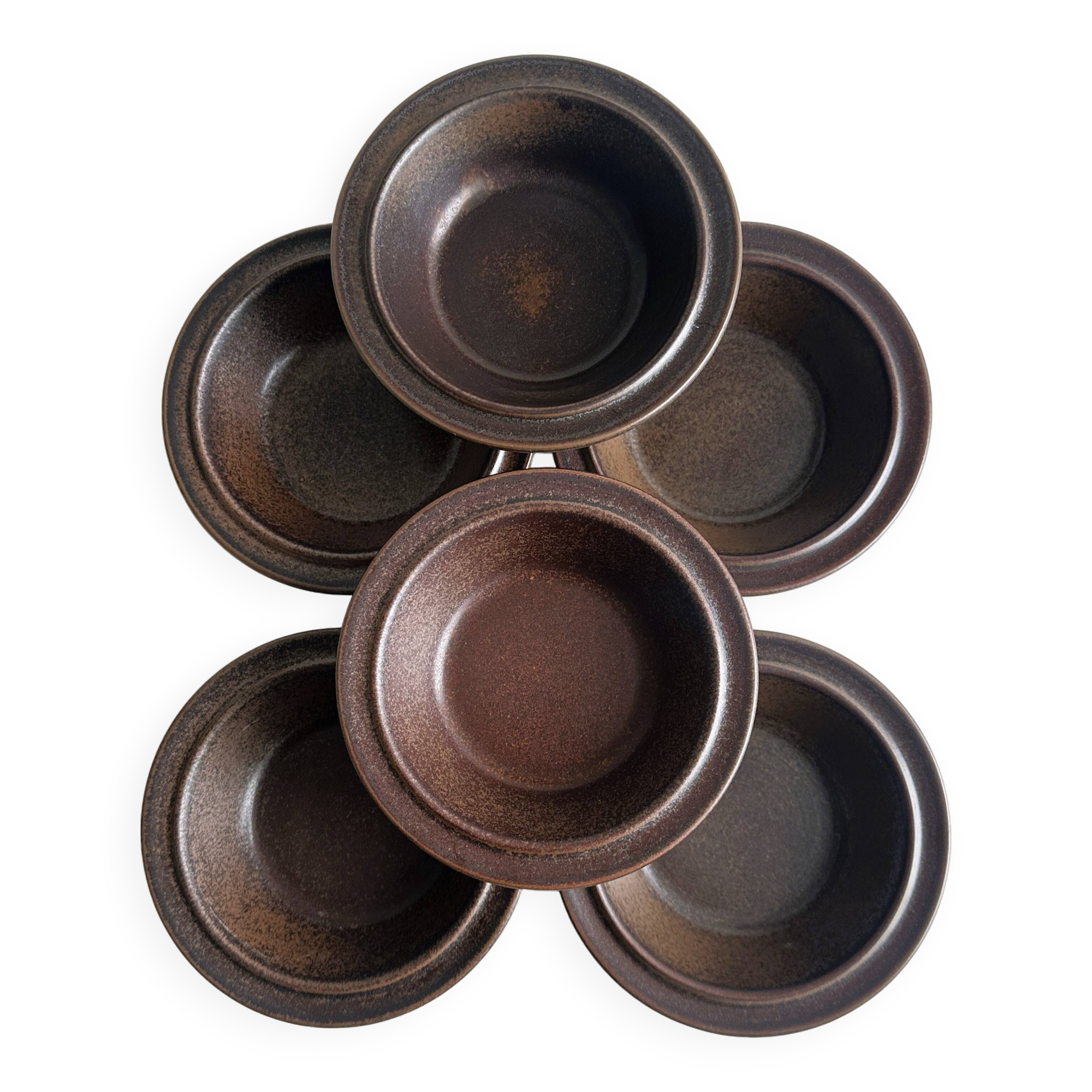 Set of 6 dark brown glazed stoneware bowls