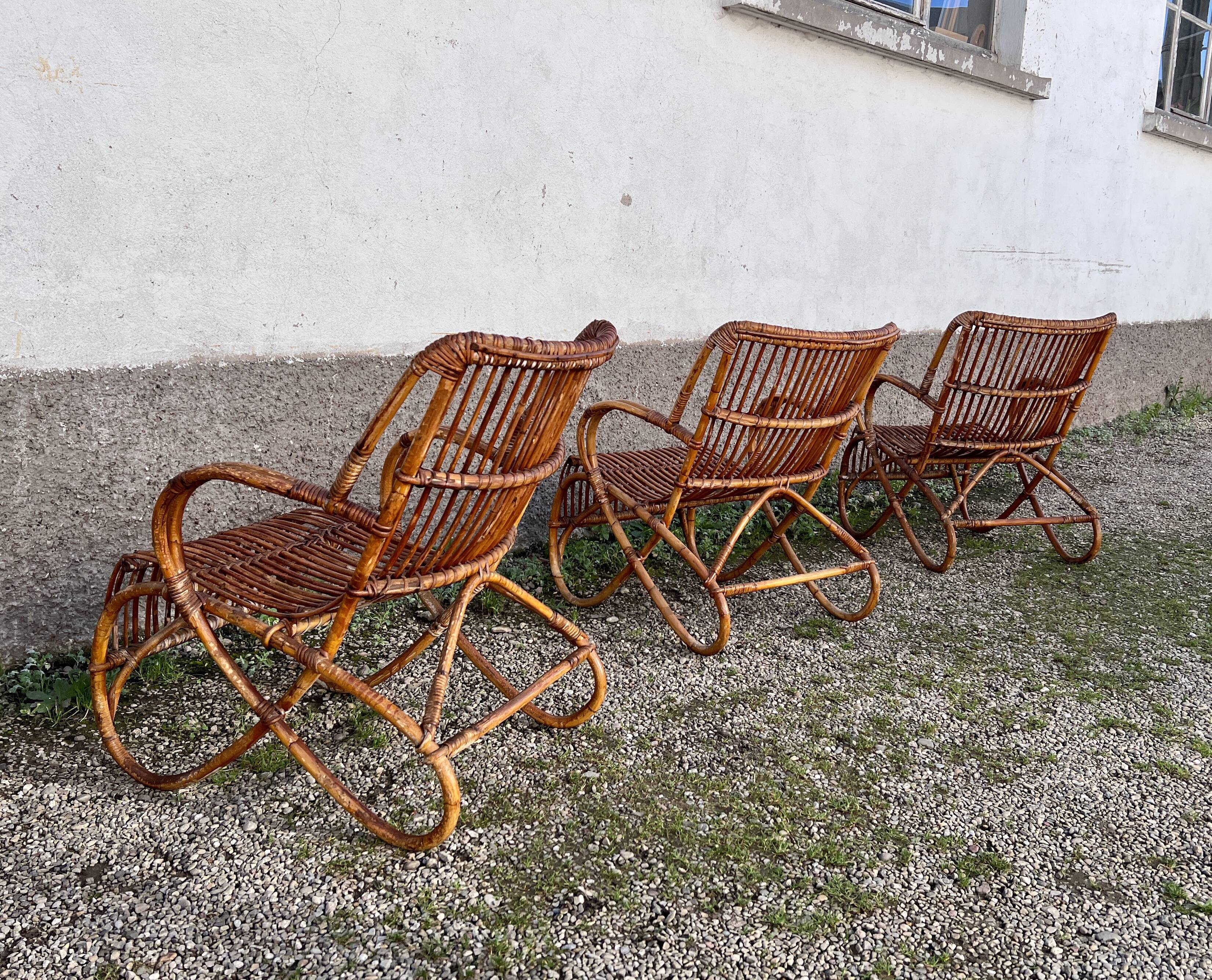 Trio de 3 fauteuils chaises rotin bambou vintage 1950
