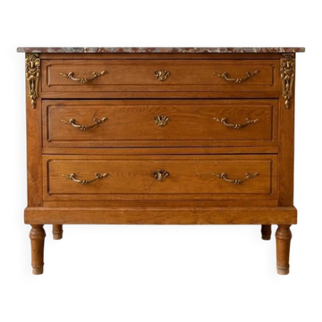 Commode ancienne en bois massif, marbre et laiton