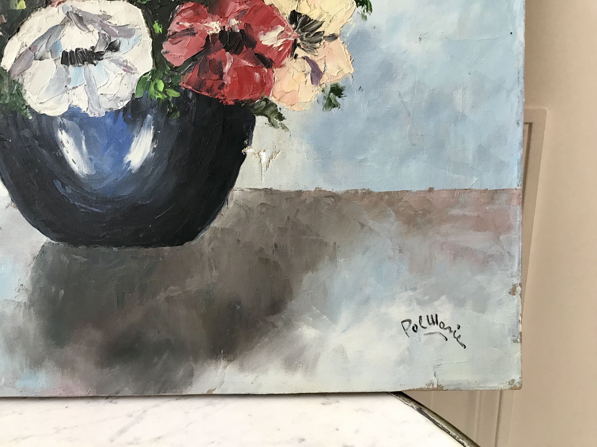 Old painting signed oil on canvas bouquet of vintage anemone flowers