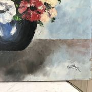 Old painting signed oil on canvas bouquet of vintage anemone flowers