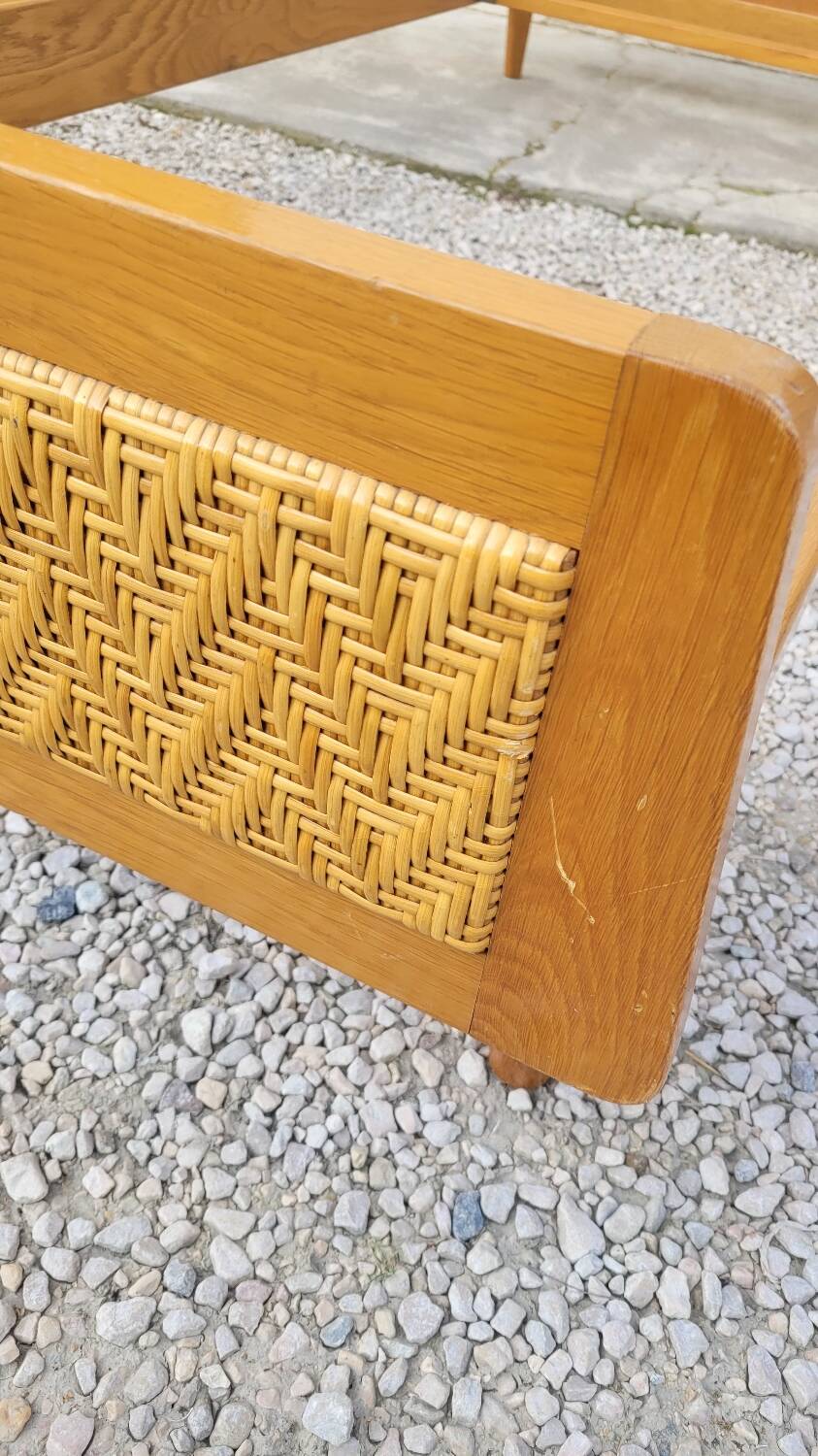 Vintage rattan and solid oak bed 1950s design