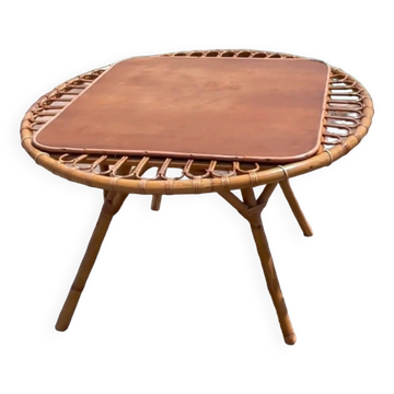 Table basse trampoline en rotin. Travail français. Circa 1950/60