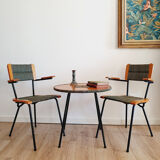 Pair of armchairs and vintage coffee table straw, wood and metal