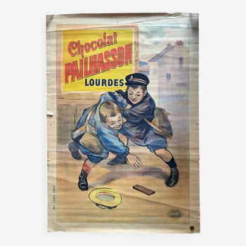 Affiche originale publicitaire "Chocolat Pailhasson Lourdes" 80x116cm 1910