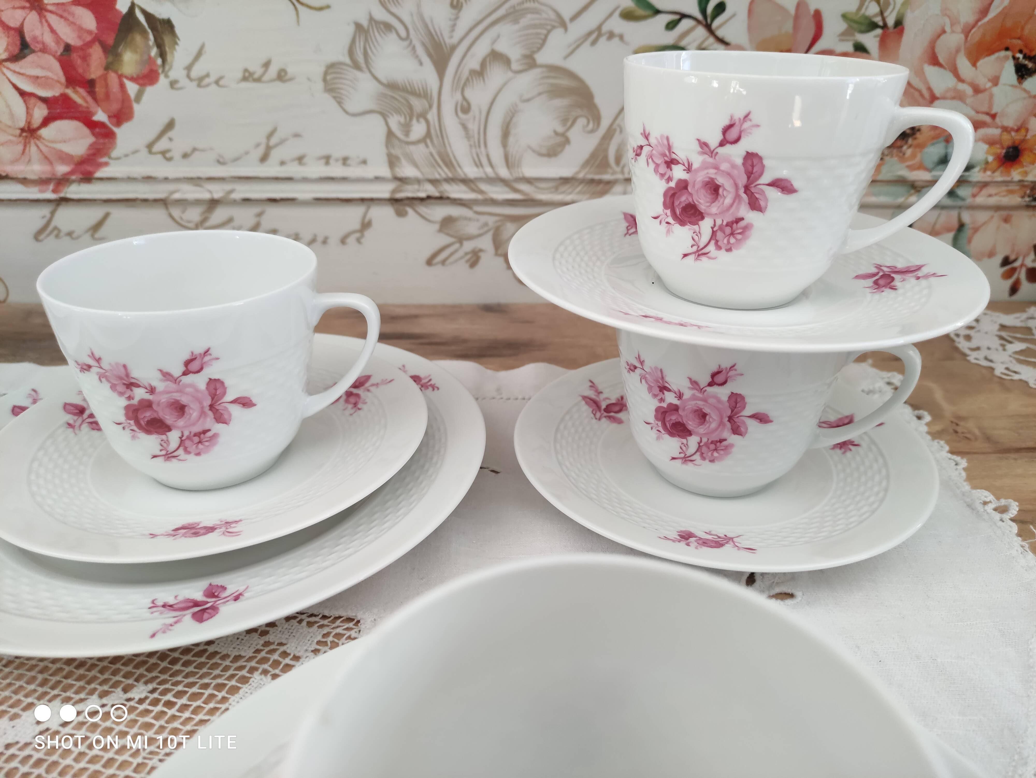Coffee set 16 pieces porcelain bavaria white décor pink roses
