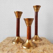 Set de trois bougeoirs vintage bois et laiton
