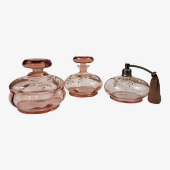 Pink crystal bottle and powder tray Czechoslovakia