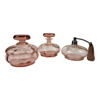 Pink crystal bottle and powder tray Czechoslovakia