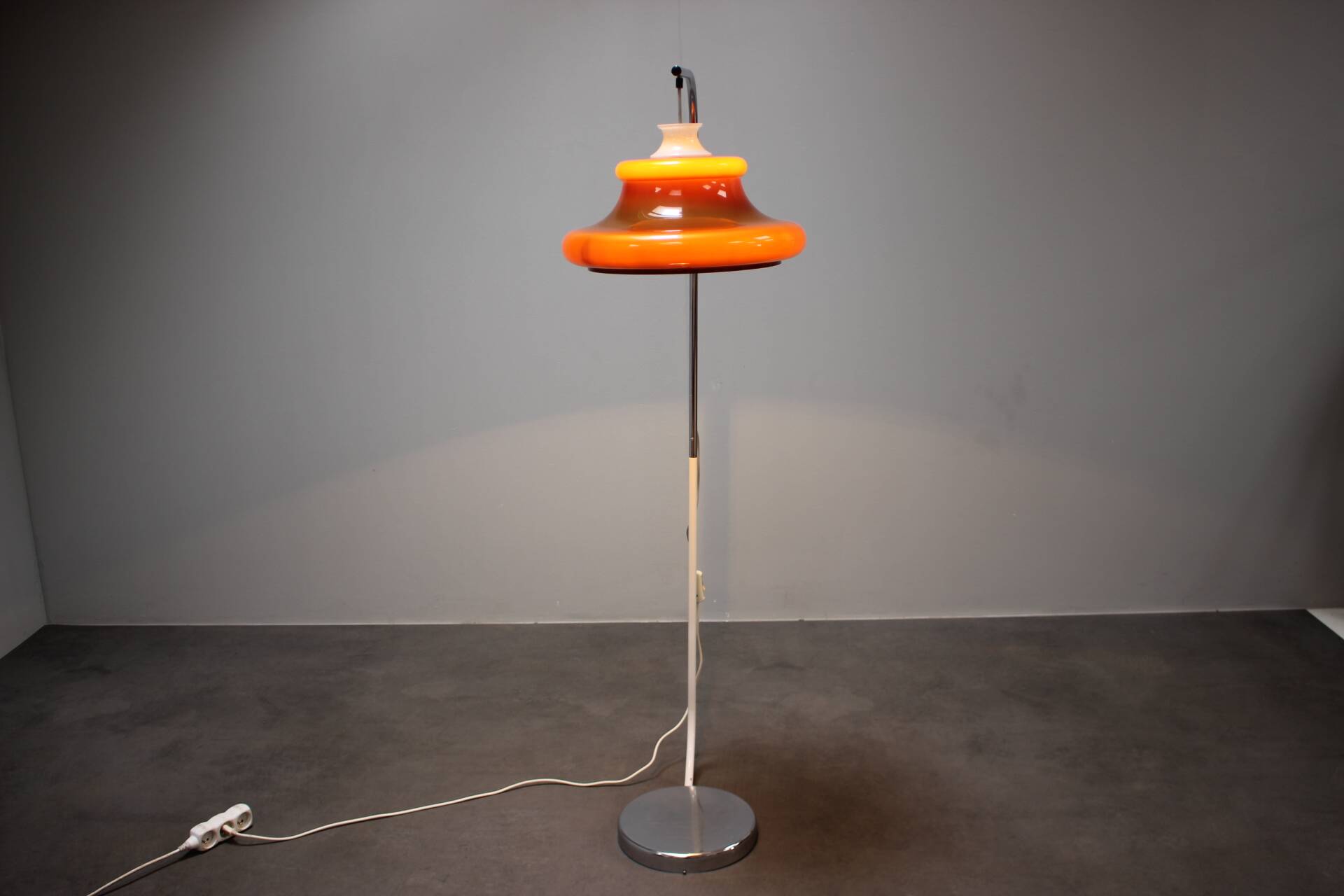1970s Hungarian space age floor lamp in orange plastic and chrome.