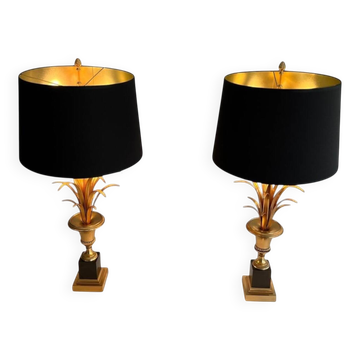Pair of Palm Tree Lamps in Brass and Black Lacquered Brass in the Style of M.