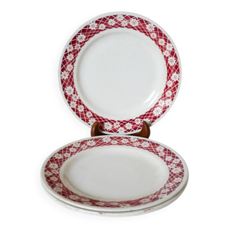 Set of 4 Saint Amand flat plates with burgundy flower outlines 1950