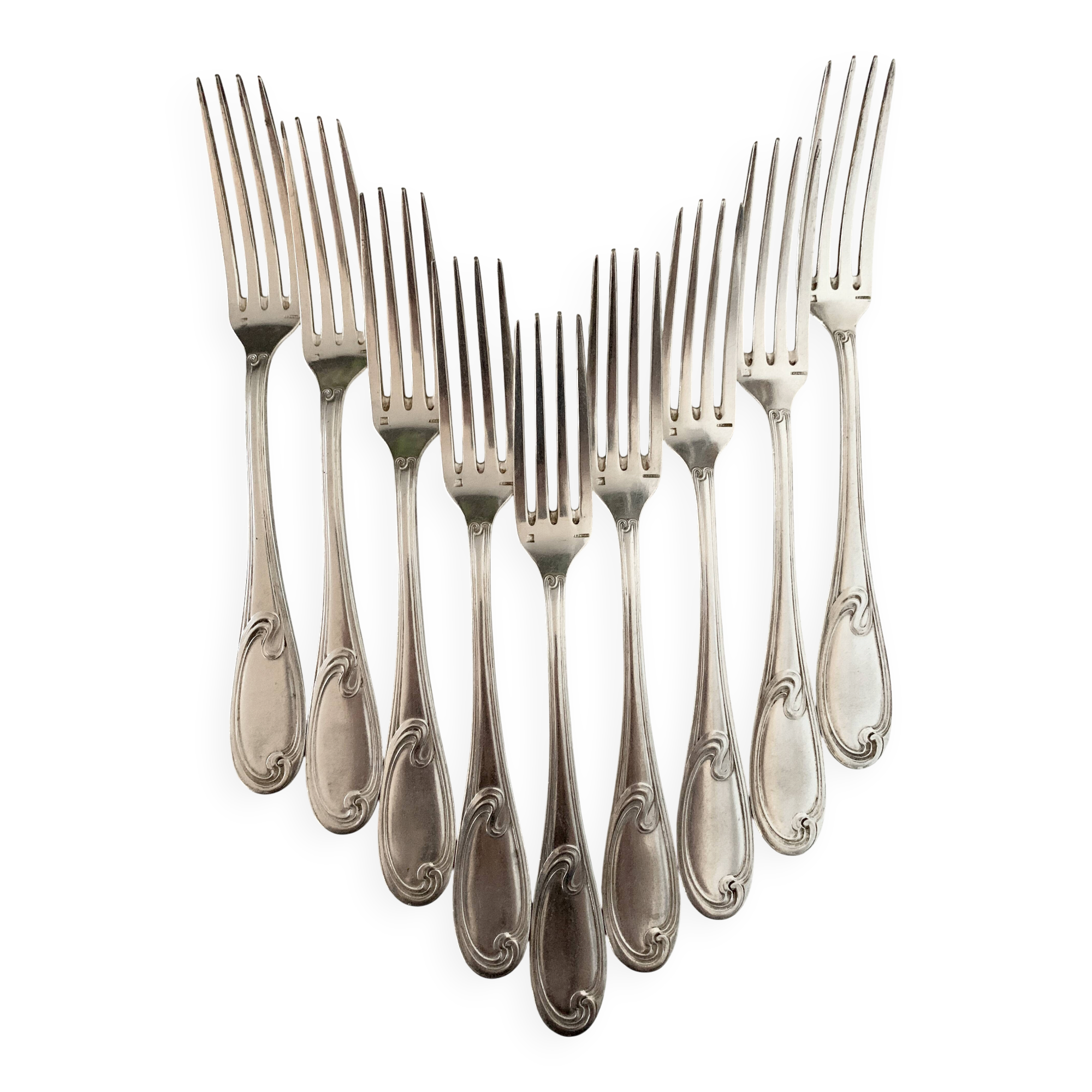 Nine large Ercuis silver-plated forks