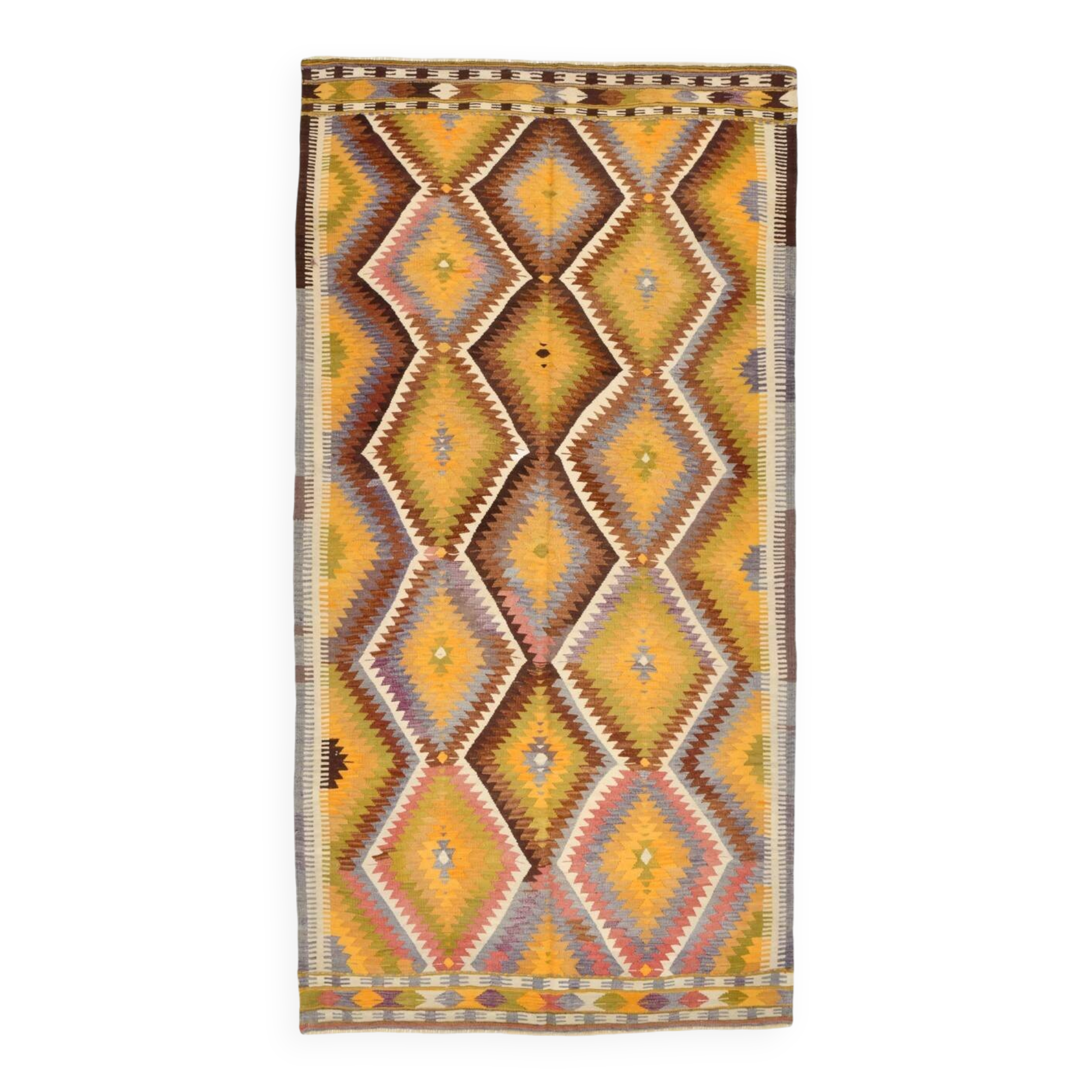 Fade Yellow Long Wide  Vintage Kilim Rug,Geometric Tribal Design,152x296 Cm
