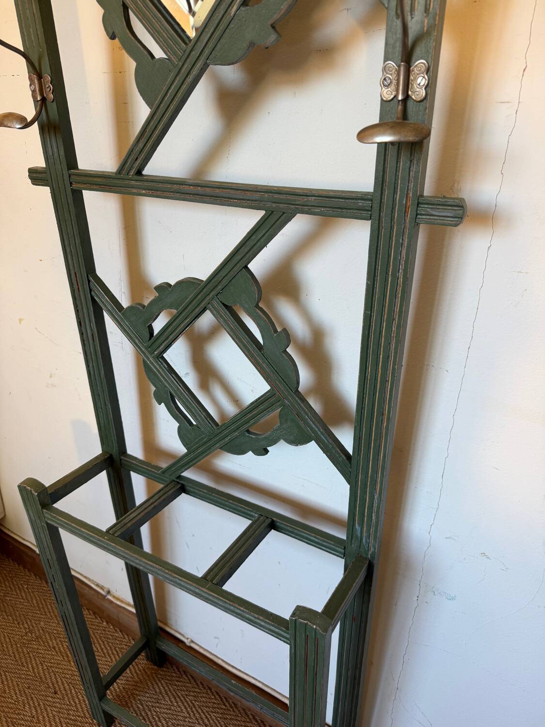 Art Deco coat rack in green patinated wood
