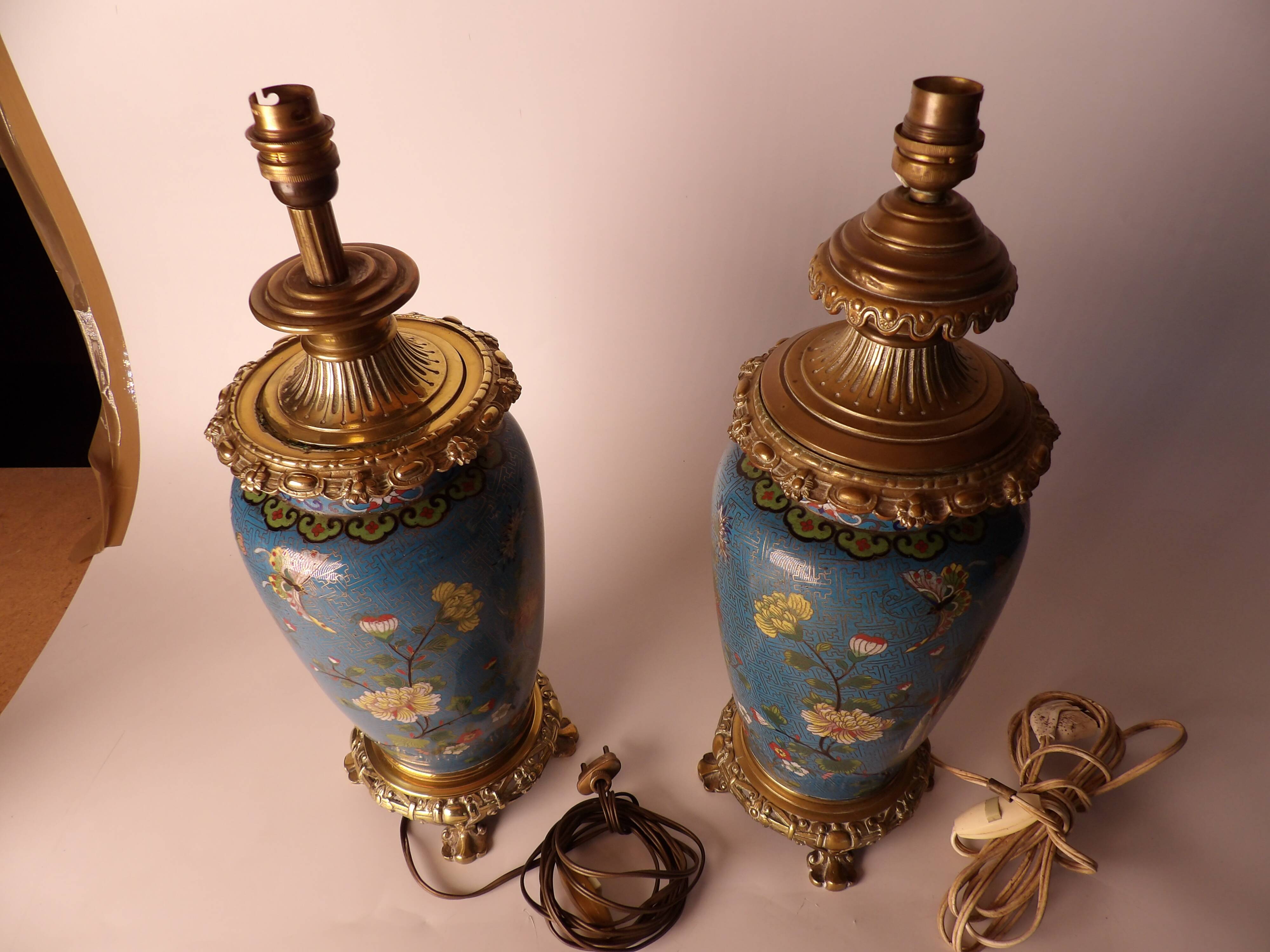 Pair of Asian style lamps in cloisonné and bronze