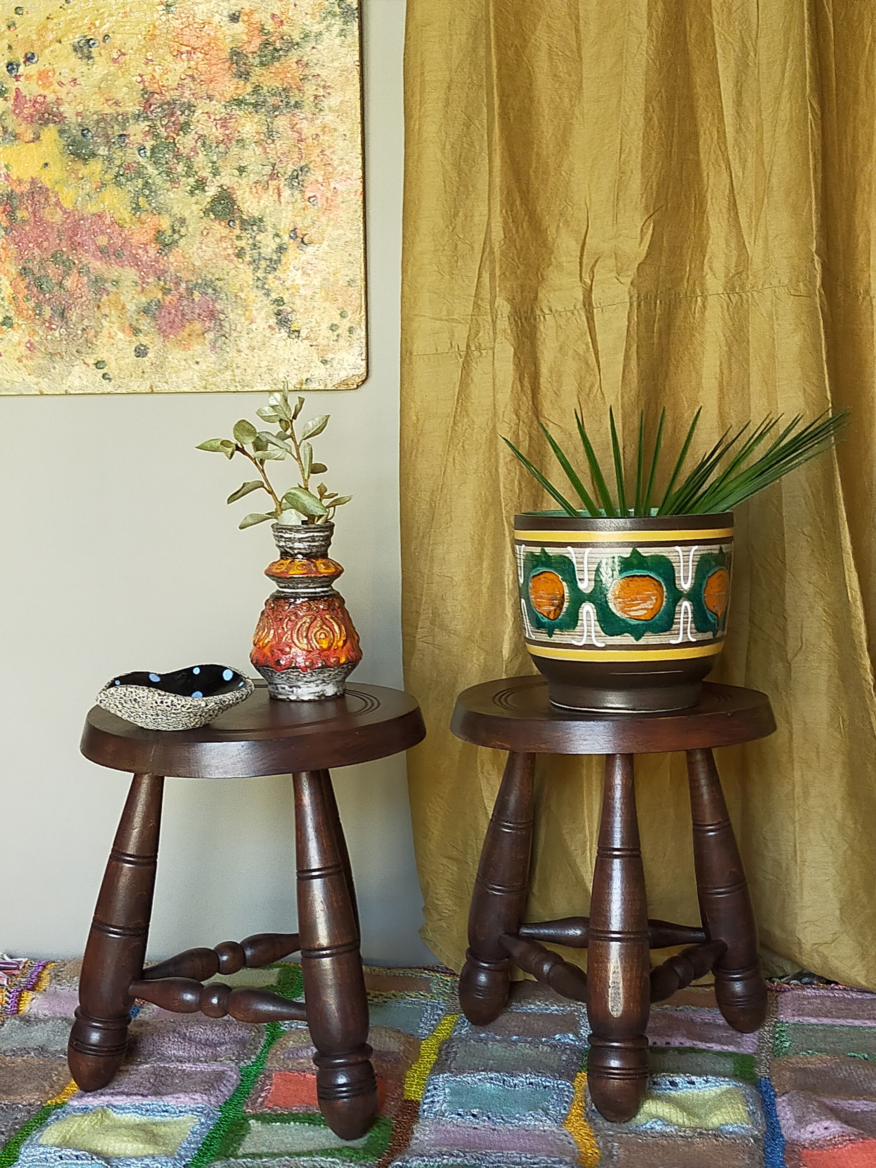 Pair of vintage wooden tripods stools