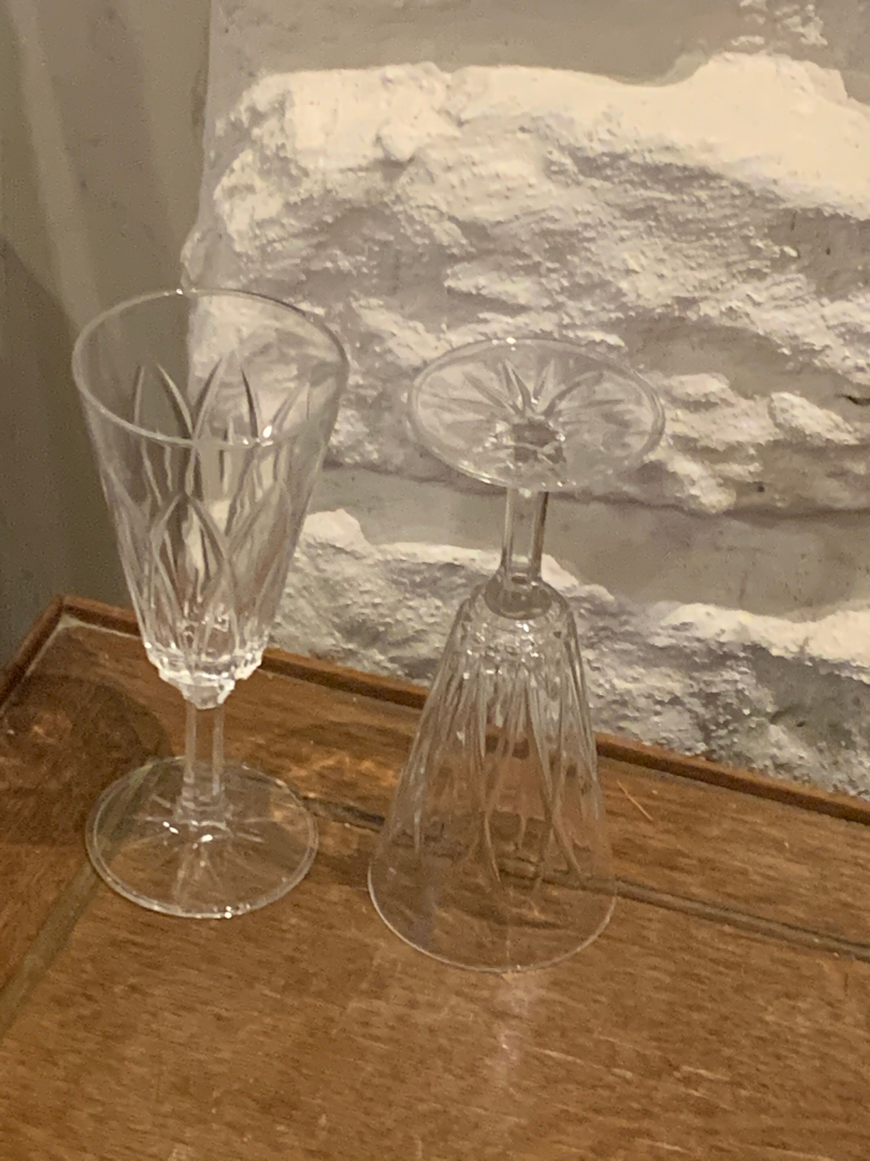 6 vintage champagne flutes patterned leaves or petals