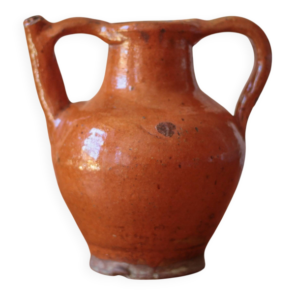 Ancien Pichet Orjol en terre cuite émaillé orange Sud Ouest France XIXe