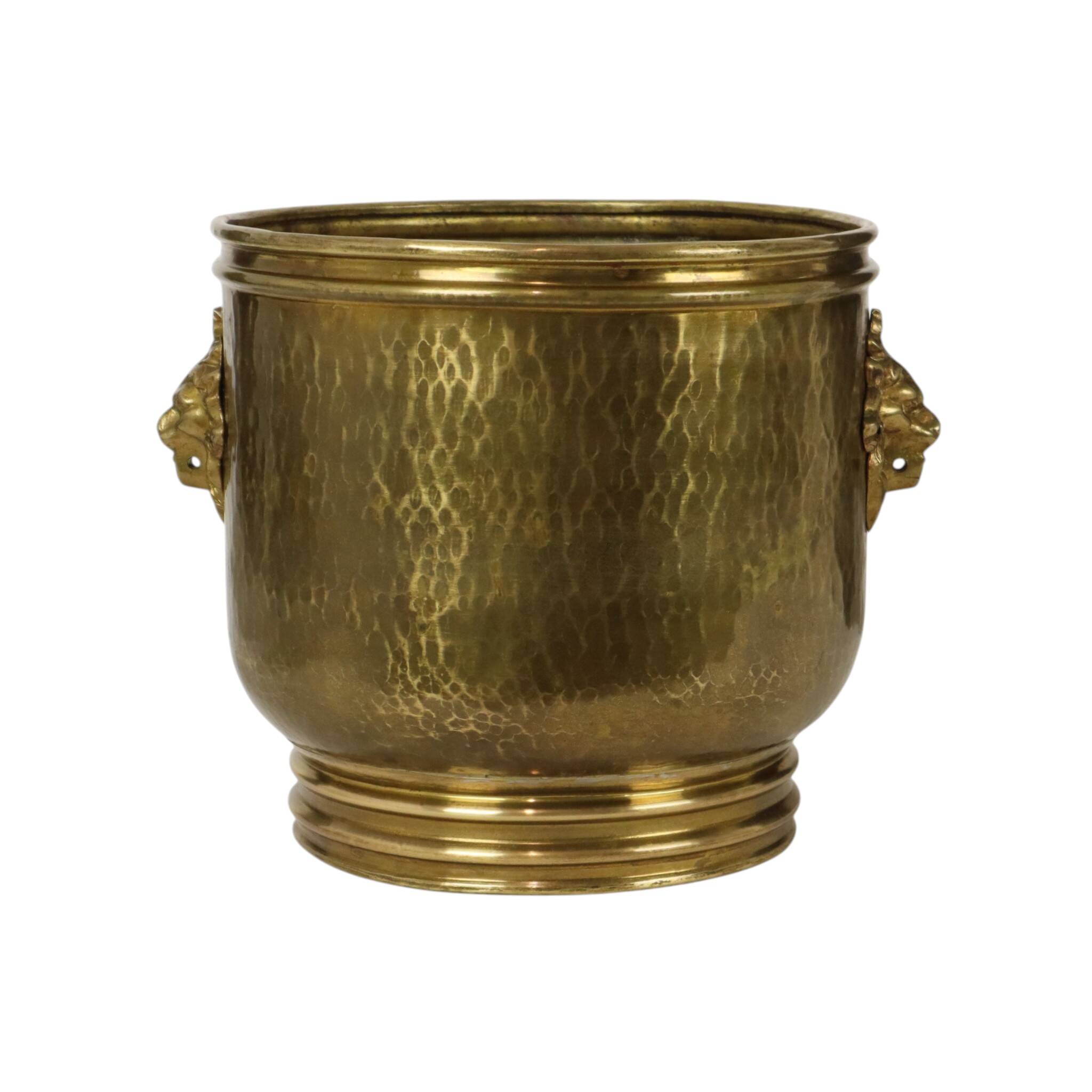 Large Hammered Brass Jardinière/Planter with Lion Heads