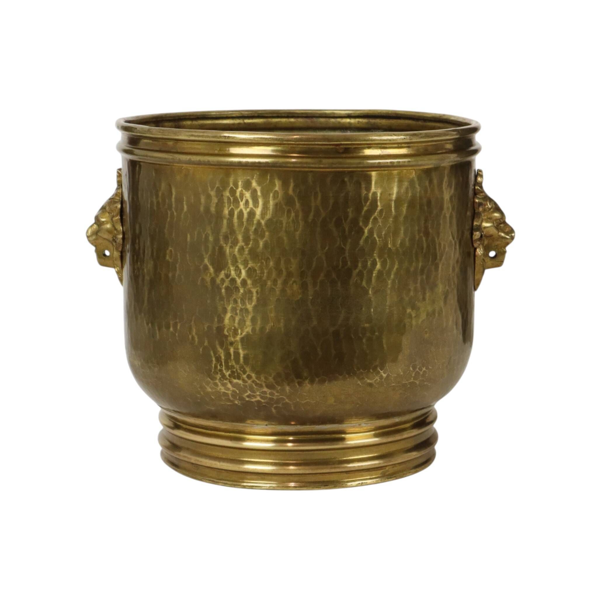 Large Hammered Brass Jardinière/Planter with Lion Heads