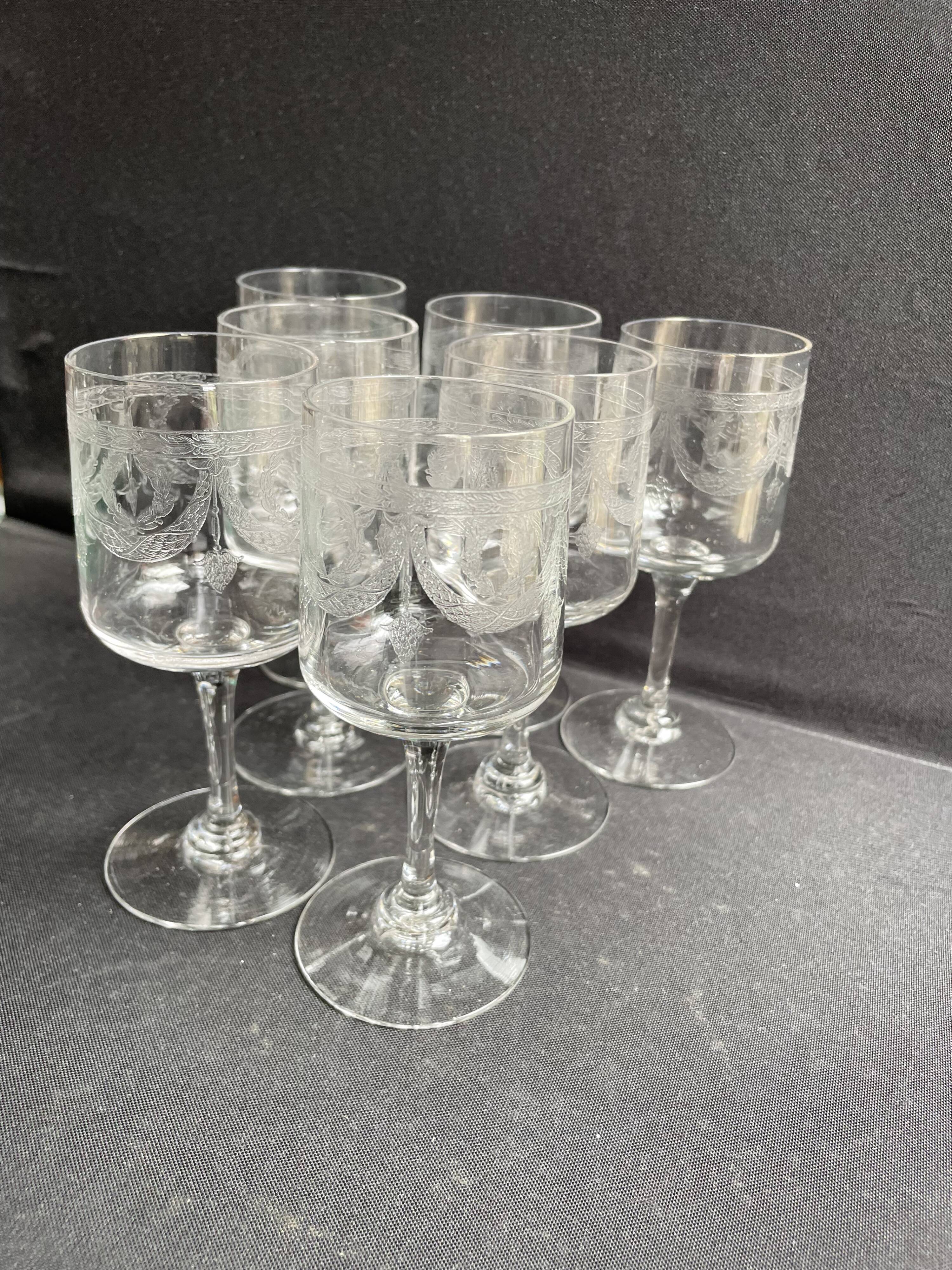 7 ½ crystal guilloche wine glasses – Art Nouveau