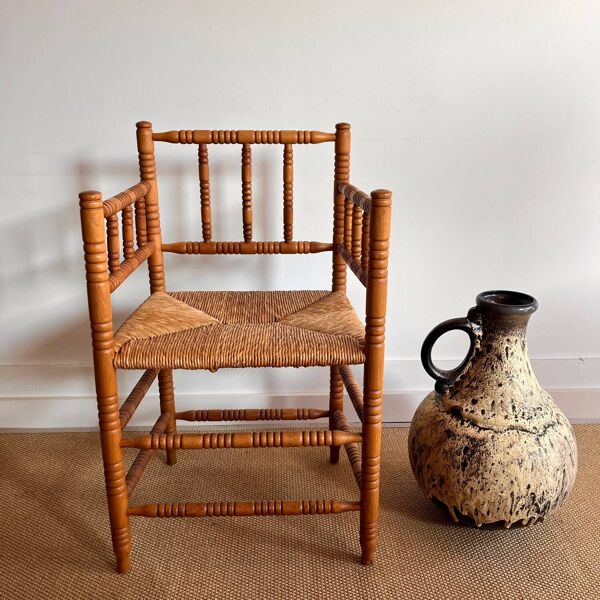 Chaise hollandaise antique à bobines avec assise en paille