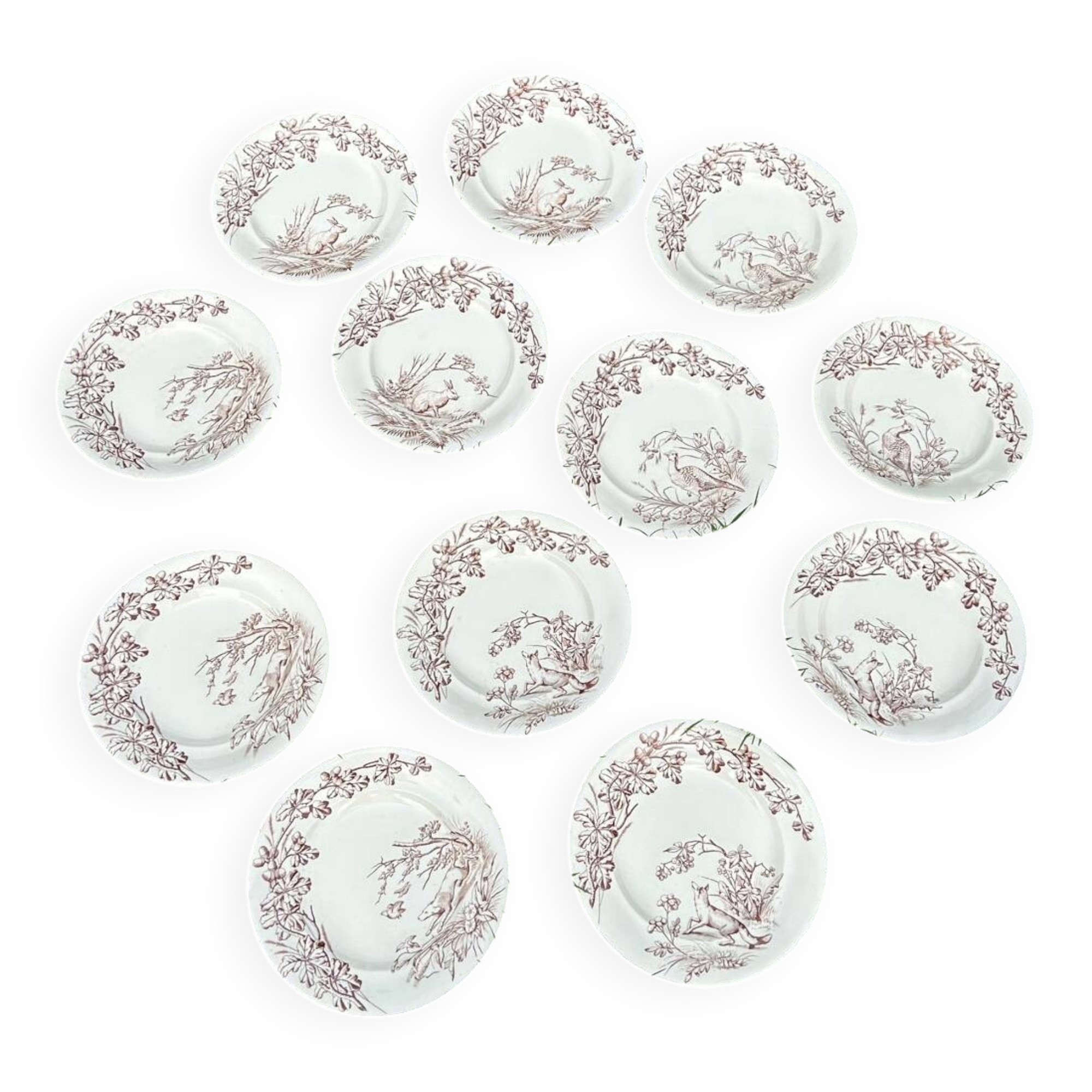 Set of 12 earthenware dinner plates, Hunting pattern