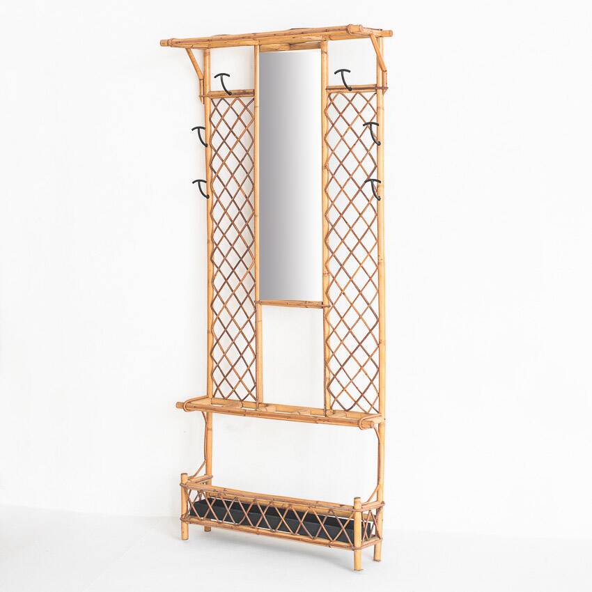 Vintage hall coat rack with mirror. Cane and metal. France, 1960s