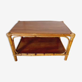 Table basse vintage en rotin et bois