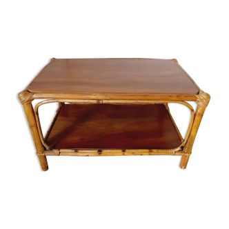 Table basse vintage en rotin et bois