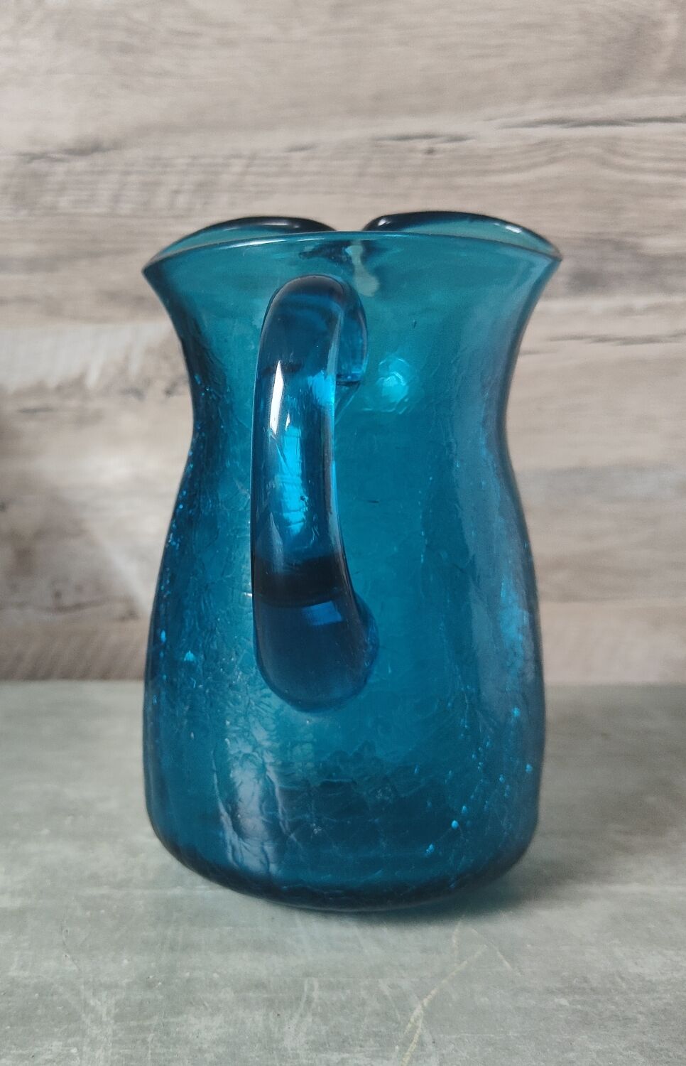 Blue cracked glass pitcher