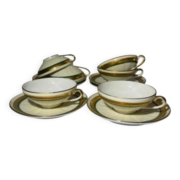 Service de 6 tasses et soucoupes en porcelaine de Limoges – Décor vert
