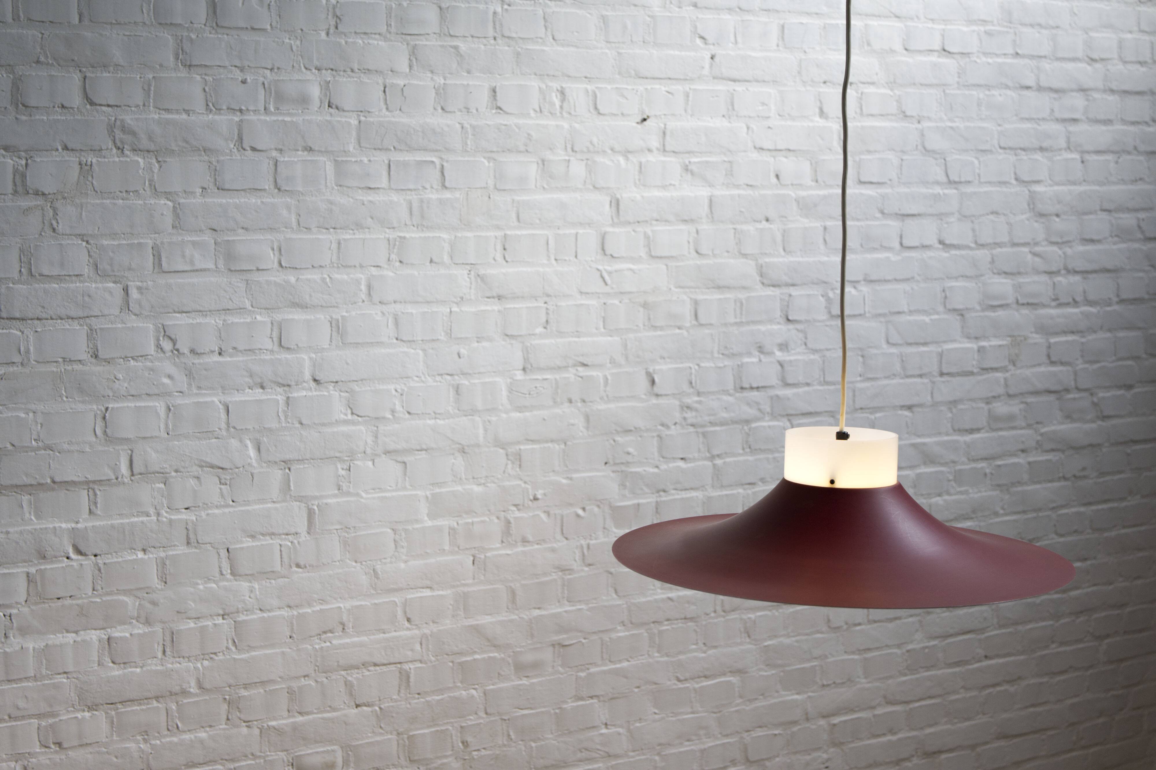 Danish red metal and opal plastic pendant lamp, 1960s