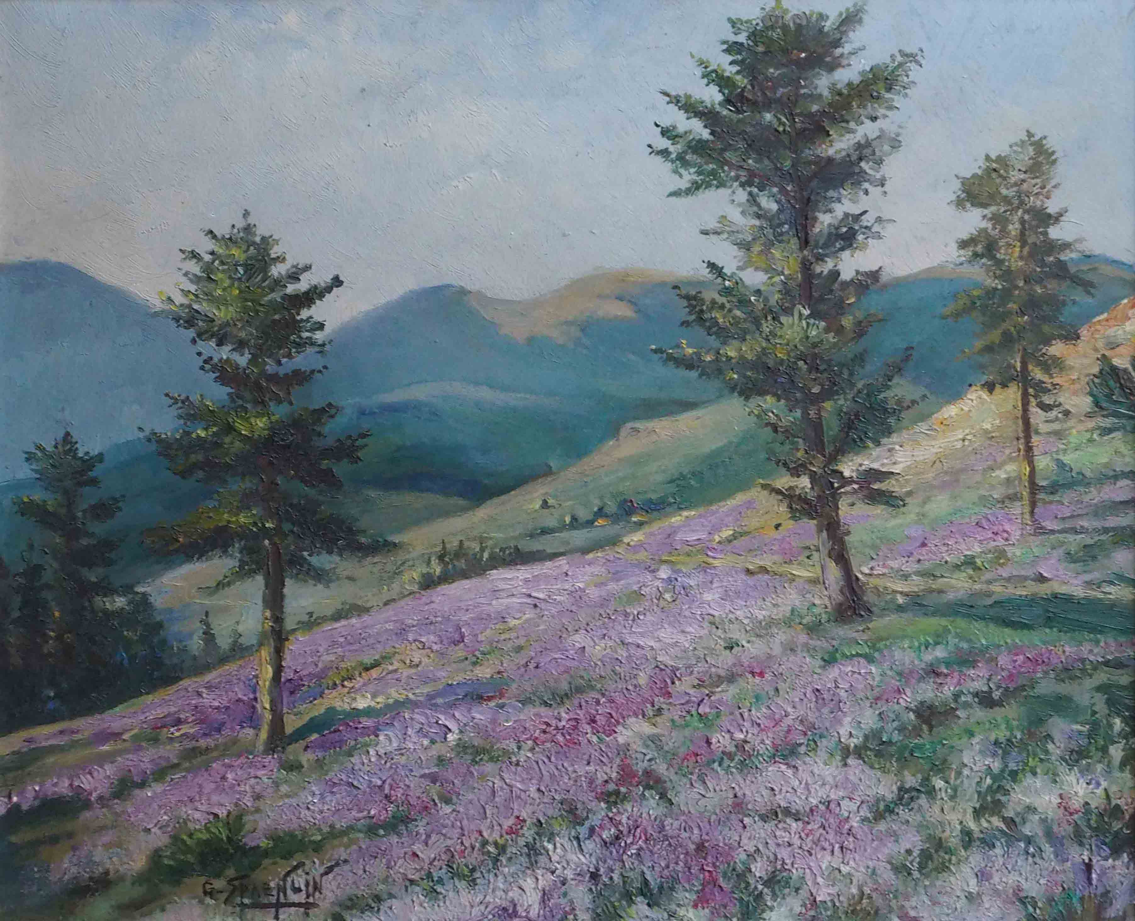 Painting heather landscape with mountain and village signed cf. anglade