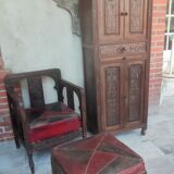 Set 3 pieces furniture, armchair and carved wooden stool