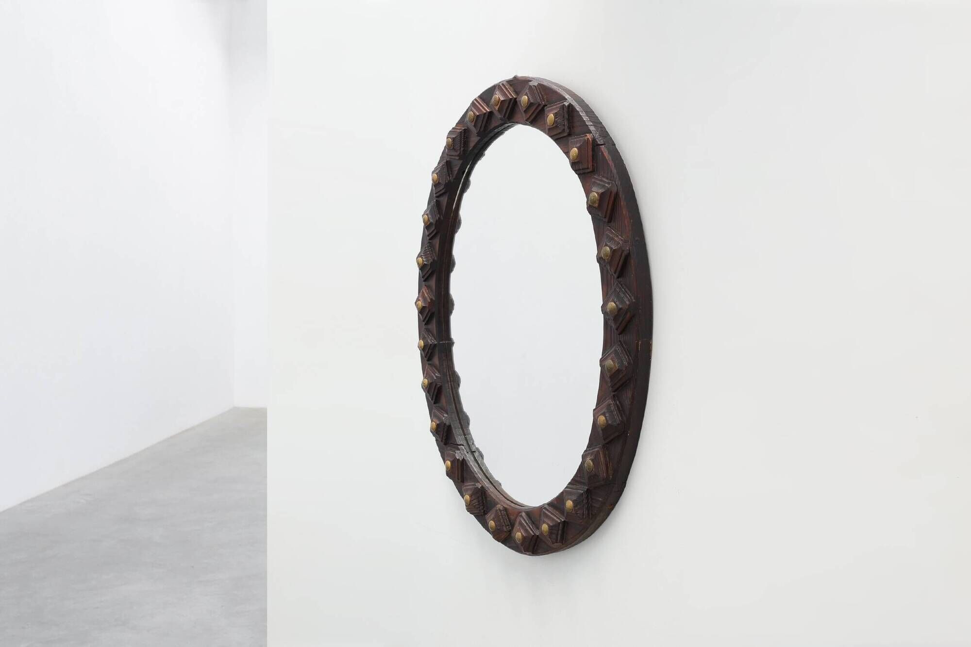 Spanish Brutalist Oval Mirror in Hand-Carved Wood with Brass Studs