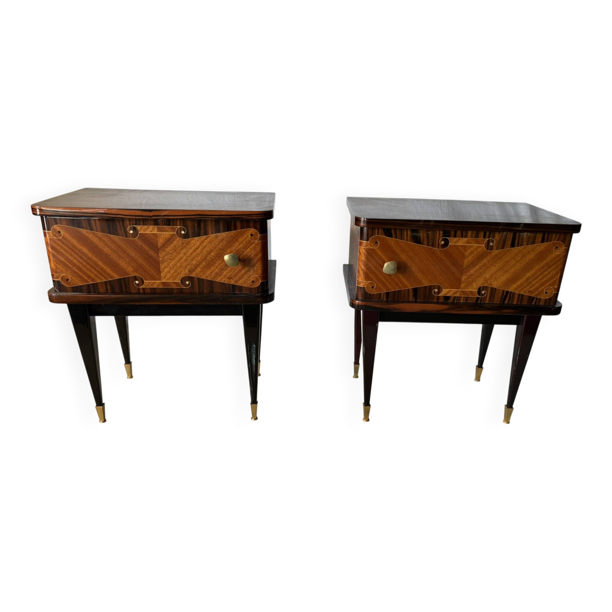 Pair of vintage bedside tables in marquetry wood – revisited Art Deco style